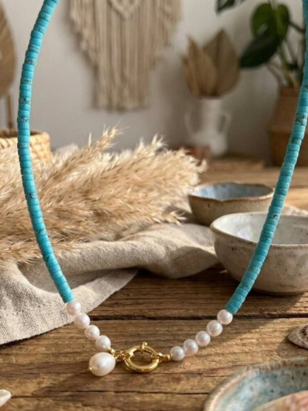 Turquoise Flat Bead and Freshwater Pearl Necklace 14K Gold Clasp Coastal 16"